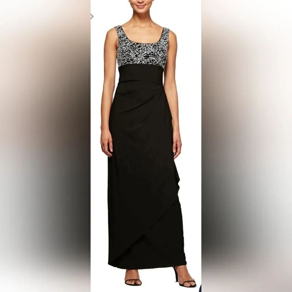 Alex Evenings Empire Waist Ruched Glitter Formal Dress NWOT size 12 Black